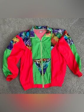 Vintage 80s 90s Goldrich Neon Colorblock Abstract Nylon Windbreaker Jacket L